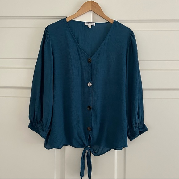 🌼 John Paul Richard Tie-Hem Blouse with Button Front, Teal L - Picture 4 of 7